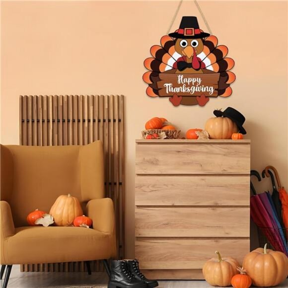 Thanksgiving Turkey Door Sign Happy Thanksgiving Wooden Front Doors Hanger - Picture 7 of 8